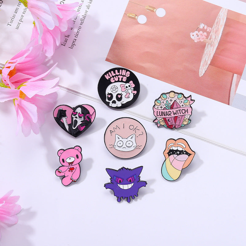 Pink Skull Bear Metal Brooch Geometric Cute Cat Pin
