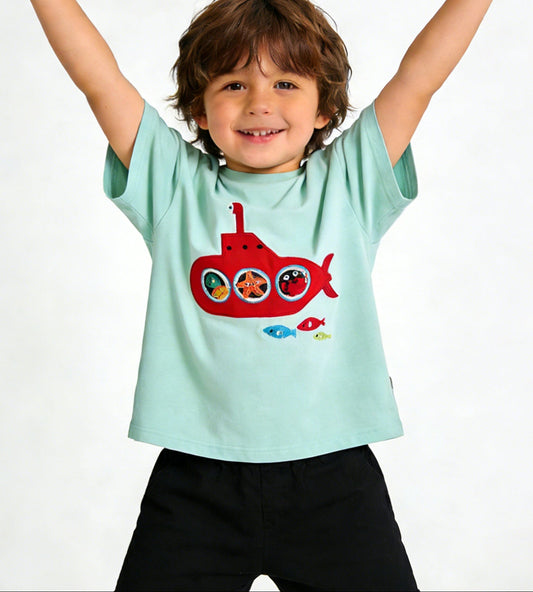 Kids Cartoon Submarine Embroidered T-Shirt Cotton Short Sleeve