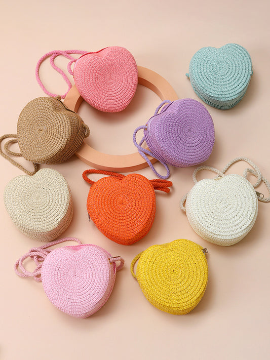 Cute Woven Straw Crossbody Bag With Heart Design