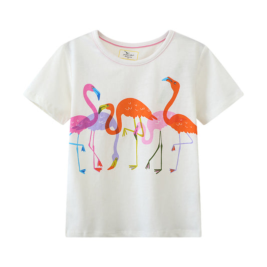 Summer Girls' Flamingo Print T-Shirt Soft Cotton Casual Top