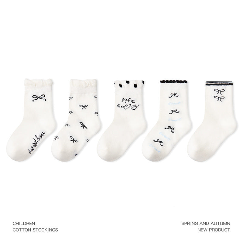 Kids Mid Calf Cotton Socks With Rabbit Lace Trim