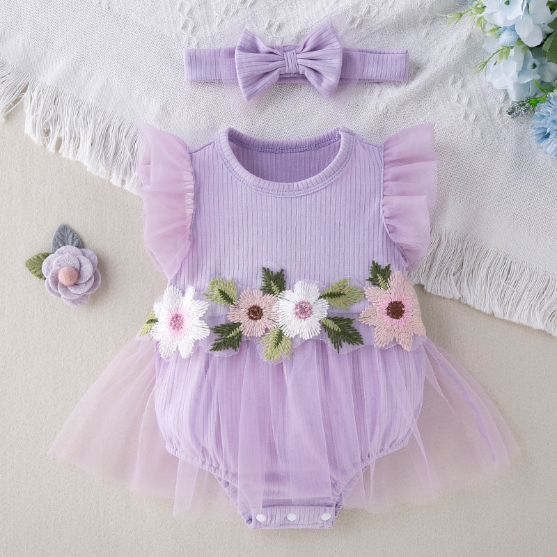 New Cute Floral Sleeve Baby Girl Mesh Romper Dress Set