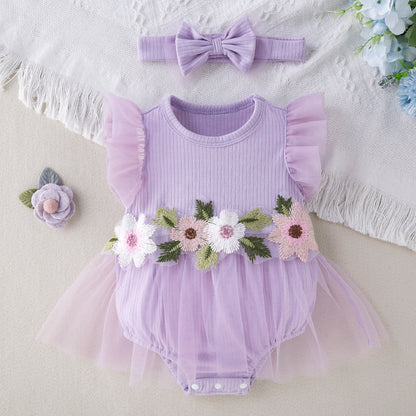 New Cute Floral Sleeve Baby Girl Mesh Romper Dress Set
