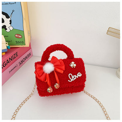 Cute Plush Red Children’s Handbag with Bow Design