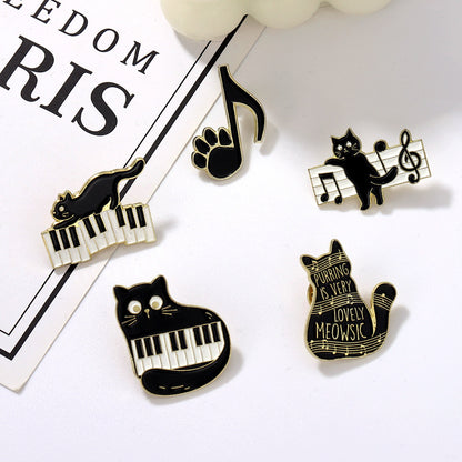 Cool Cartoon Black Cat Piano Brooch Cute Animal Lapel Pin