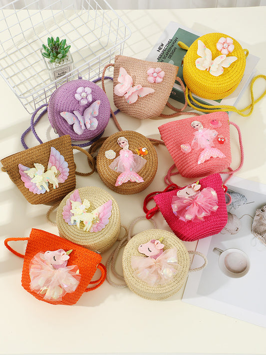 Cute Children's Woven Straw Crossbody Bag for Summer