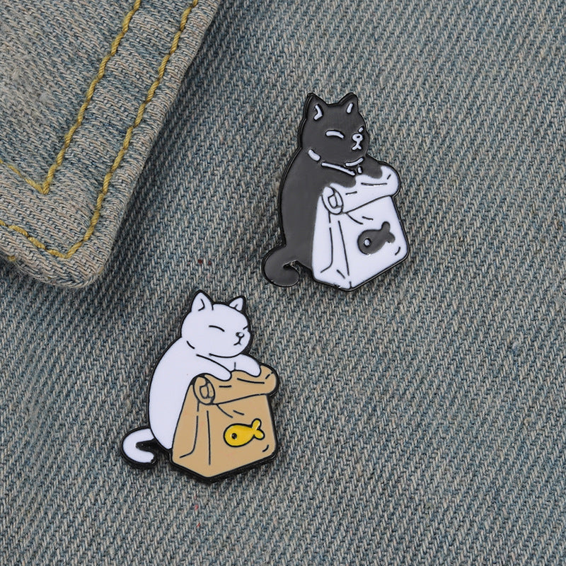 Cute Black and White Cat Badge Alloy Brooch