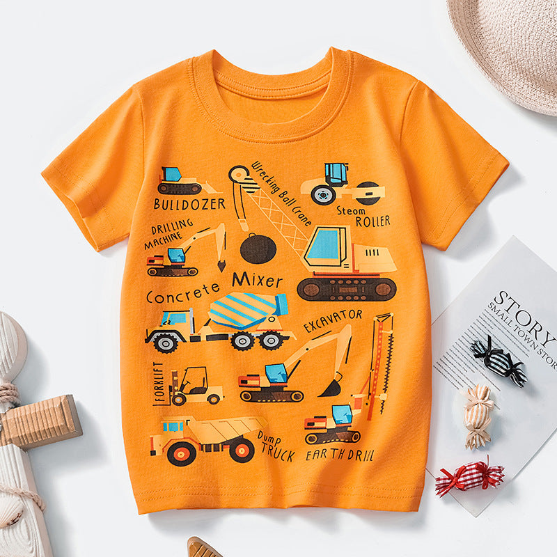 Cute Cartoon Crane Print Cotton T-Shirt for Boys