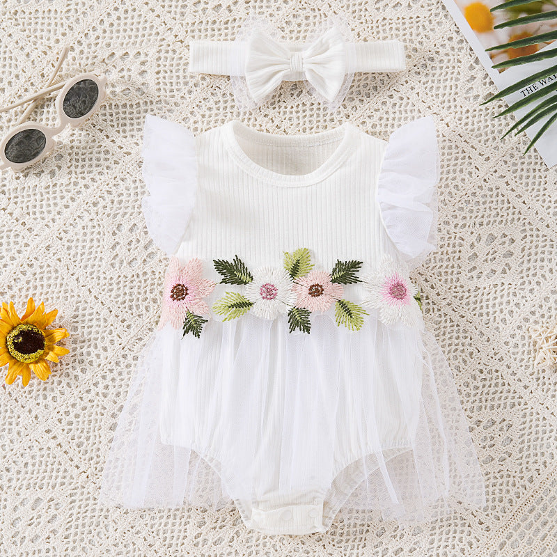 New Cute Floral Sleeve Baby Girl Mesh Romper Dress Set