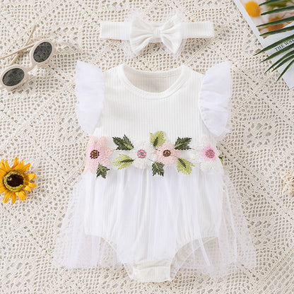 New Cute Floral Sleeve Baby Girl Mesh Romper Dress Set