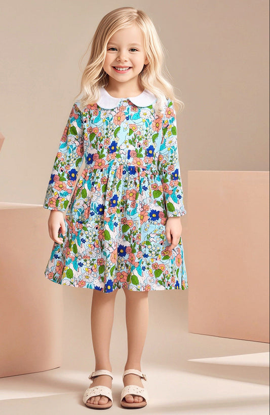 Girls Floral Princess Dress Soft Cotton Long Sleeve Fall Dress