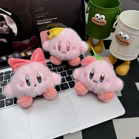 Cute Kirby Plush Keychain Pendant with Bow and Strawberry Design