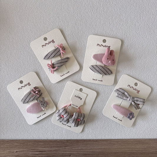 Children's Cute Bunny Hair Clips Set with Fabric Bow and Stripe Design