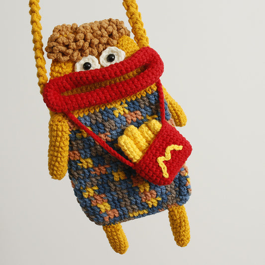 Creative Handcrafted Woven Sausage Mouth Crossbody Bag Cute Cartoon Phone Bag