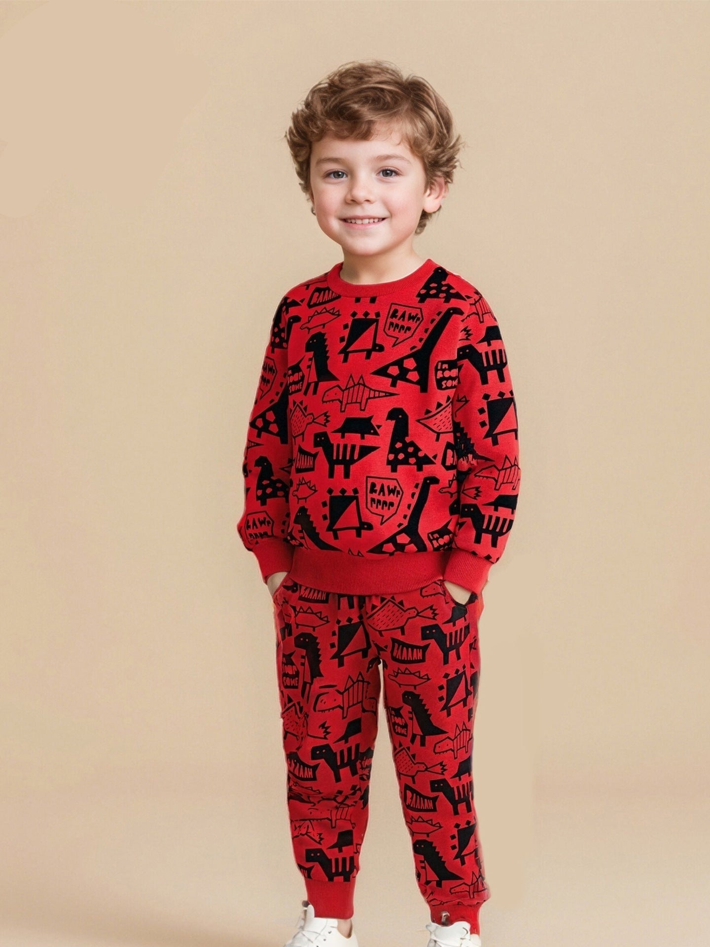 Cartoon Dinosaur Printed Kids Hoodie Set Cotton Casual Outfit