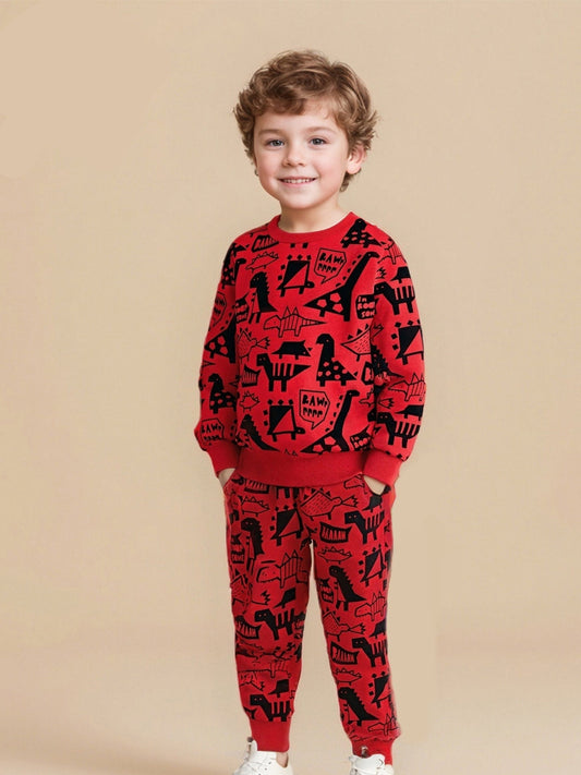 Cartoon Dinosaur Printed Kids Hoodie Set Cotton Casual Outfit