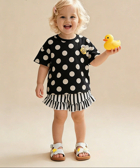 Cute Dot Print Short Sleeve Cotton Outfit for Girls