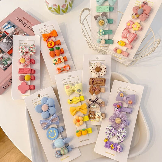 Cute Cartoon All-Over Fabric Baby Hair Clips Set with Floral Bow