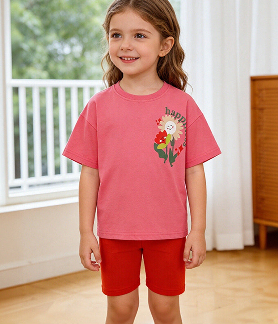 Cartoon Flower Printed Cotton Short Sleeve Set for Girls