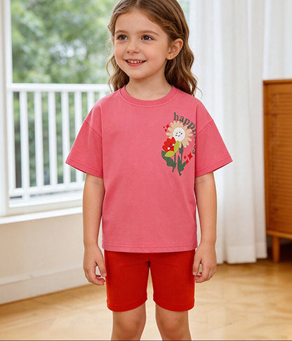 Cartoon Flower Printed Cotton Short Sleeve Set for Girls