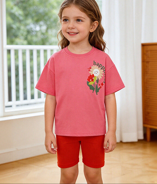 Cartoon Flower Printed Cotton Short Sleeve Set for Girls