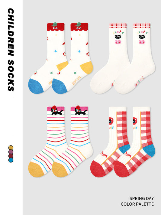Kids Cotton Animal Stripe Mid Calf Socks Breathable