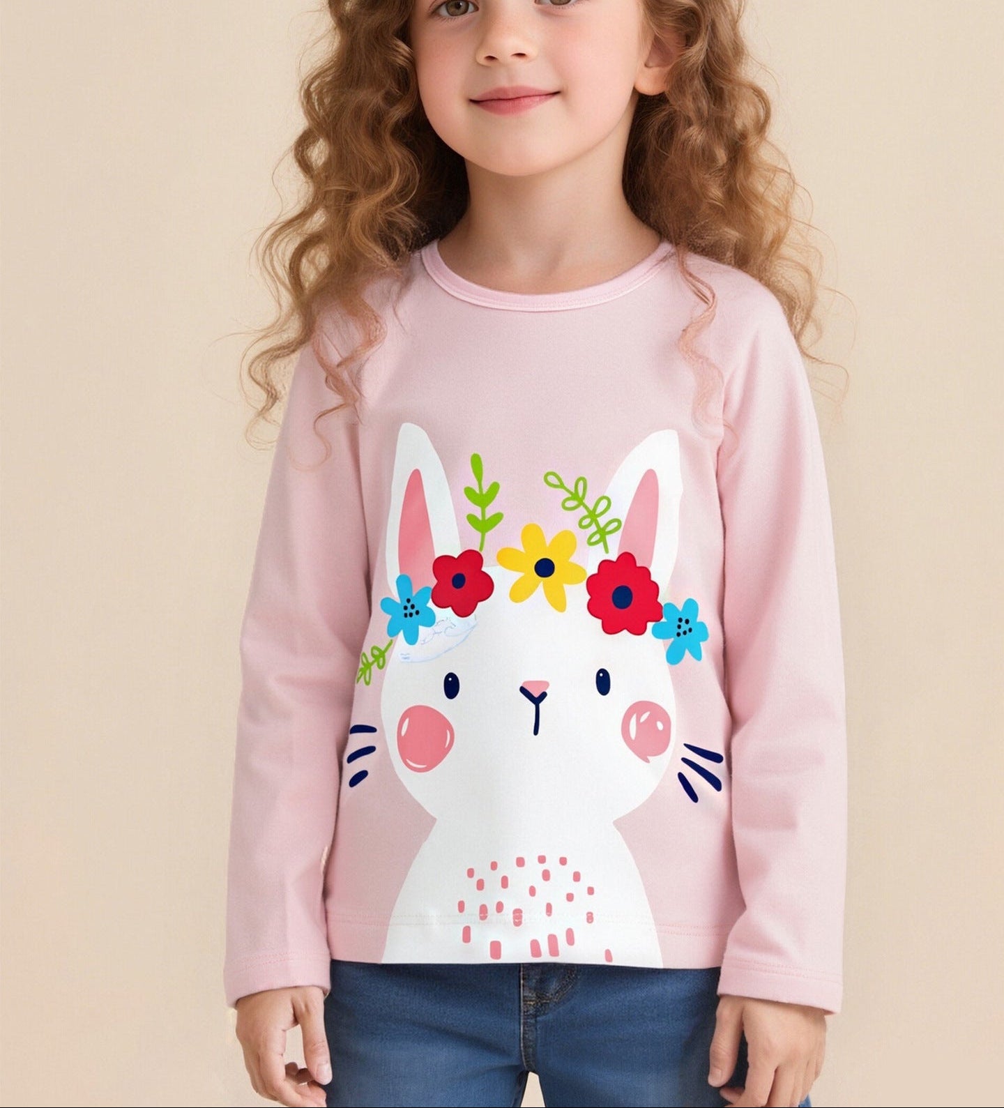 Kids Long Sleeve Cartoon Rabbit Graphic T-Shirt Cotton Casual Top
