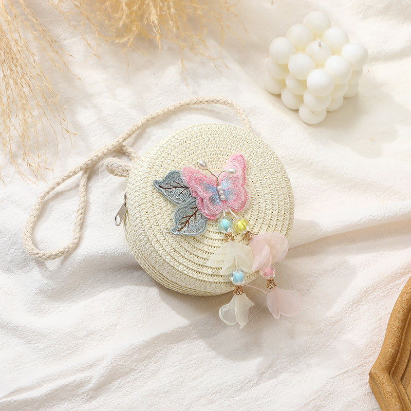 Woven Beach Bag with Butterfly Tassels for Girls