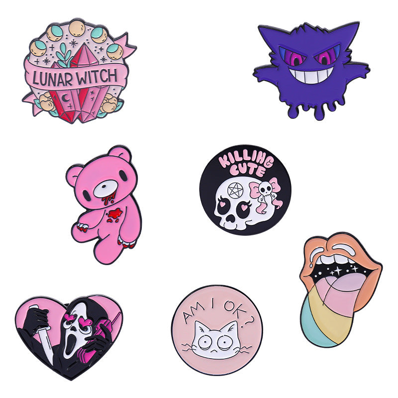 Pink Skull Bear Metal Brooch Geometric Cute Cat Pin
