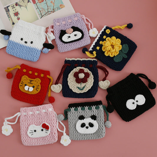 Cartoon Handmade Woven Drawstring Pouch Cute Panda Coin Bag