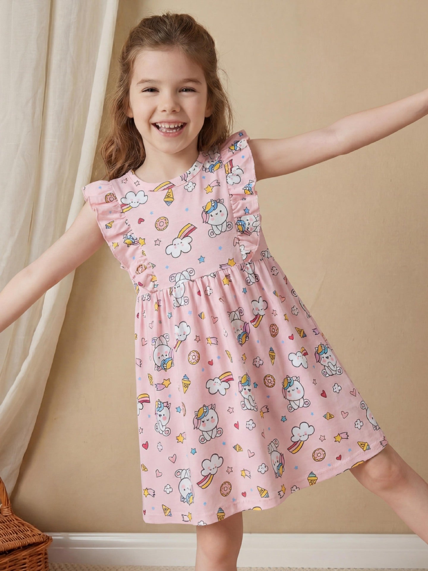 Cartoon Floral A-Line Dress Soft Cotton Girls' Dress
