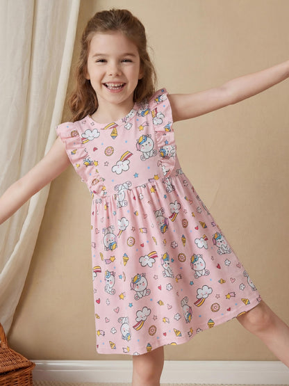 Cartoon Floral A-Line Dress Soft Cotton Girls' Dress
