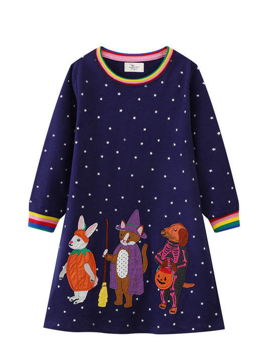 Cartoon Print Long Sleeve Dress for Girls