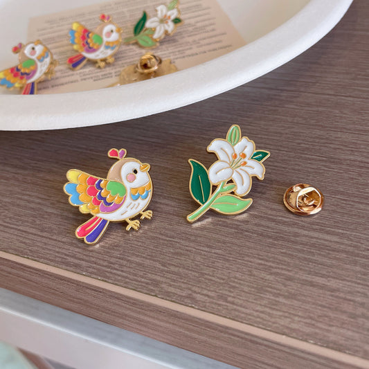 Bird and Lily Flower Brooch Cute Cartoon Metal Pin