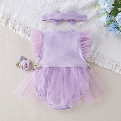 New Cute Floral Sleeve Baby Girl Mesh Romper Dress Set