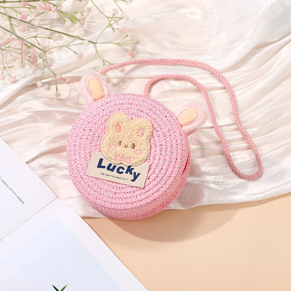 Cute Woven Straw Bag for Girls - Cartoon Design - Breathable Material - Casual Use