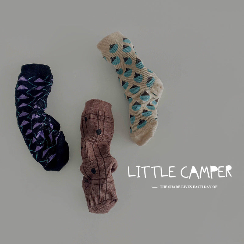 Kids Mid Calf Colorblock Geometric Socks Breathable