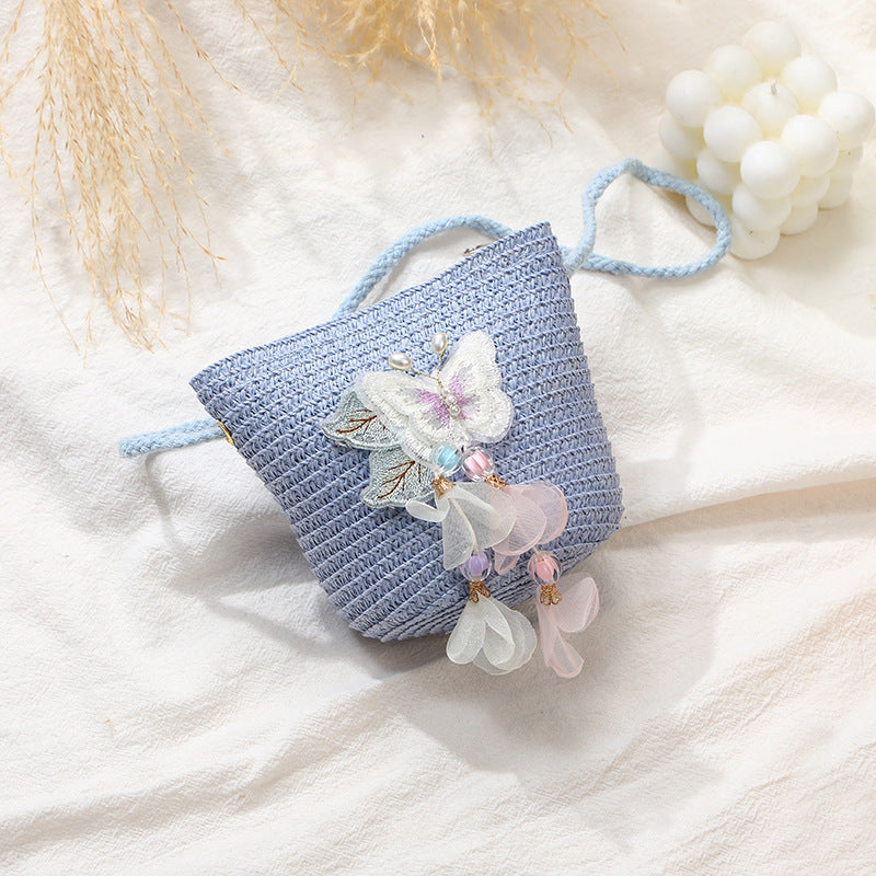 Woven Beach Bag with Butterfly Tassels for Girls