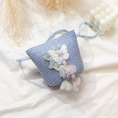 Woven Beach Bag with Butterfly Tassels for Girls