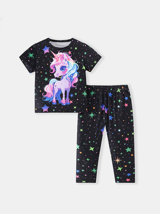 Unicorn Print Short Sleeve Top and Long Pants Set for Kids