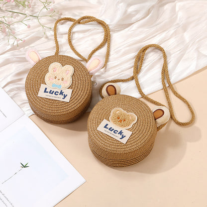 Cute Woven Straw Bag for Girls - Cartoon Design - Breathable Material - Casual Use