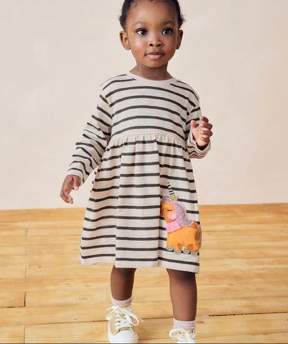 Girls' Striped Long Sleeve Dress Soft Cotton Princess Dress
