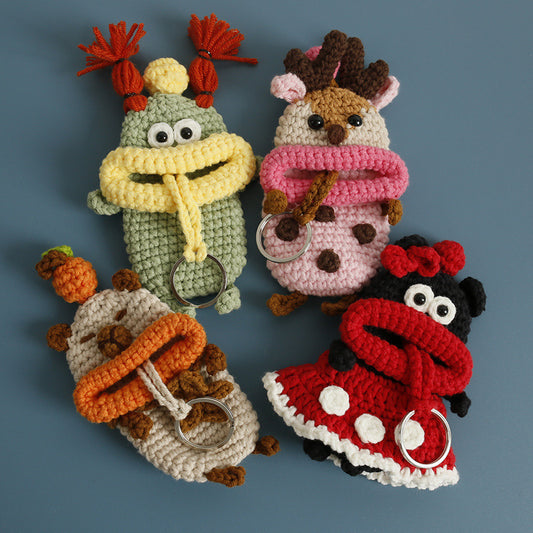 Cute Handcrafted Woven Key Pouch Cartoon Design Breathable Yarn