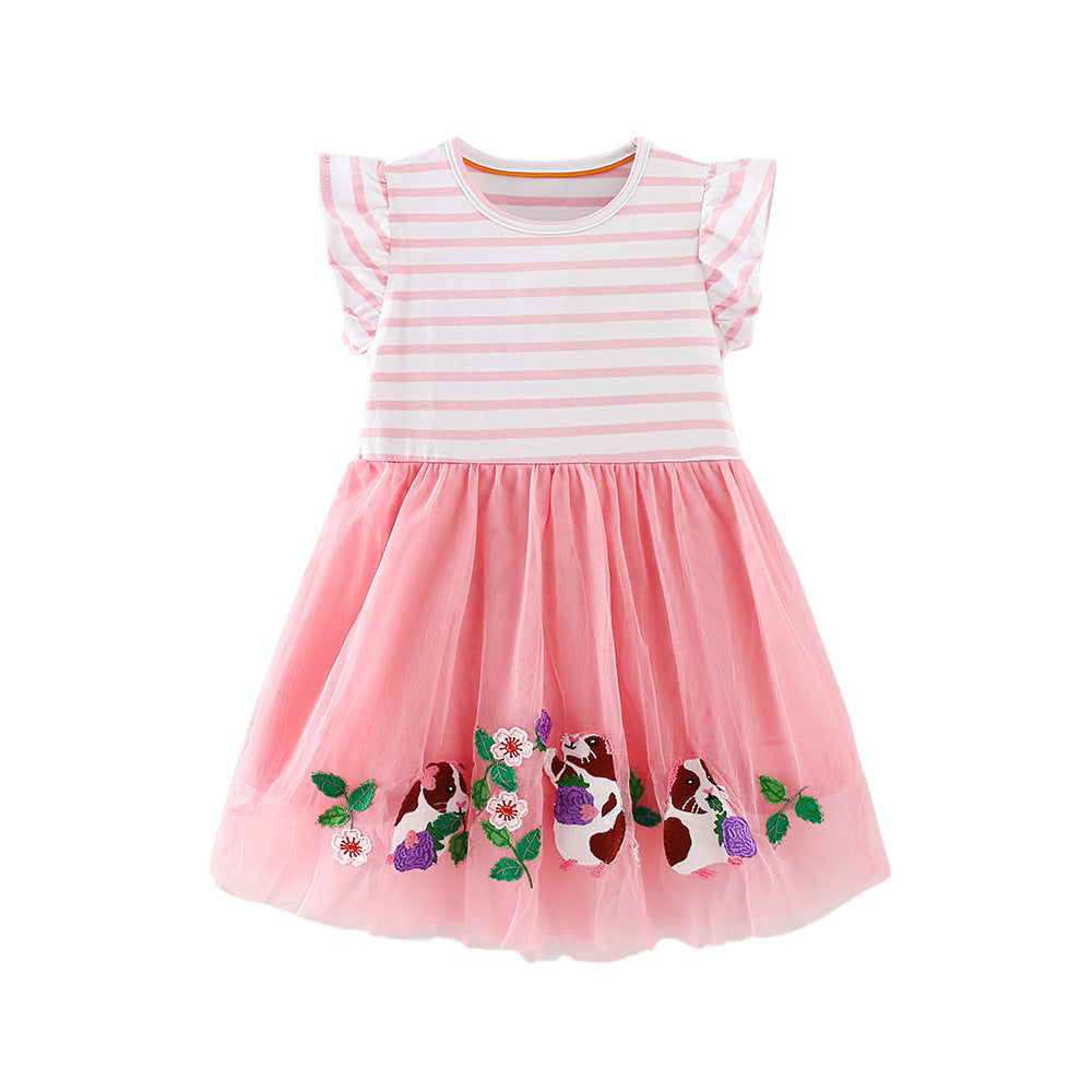 Animal Embroidered Striped Kids Dress with Ruffle Sleeves