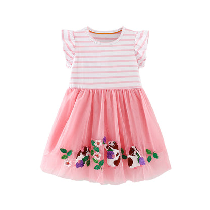Animal Embroidered Striped Kids Dress with Ruffle Sleeves