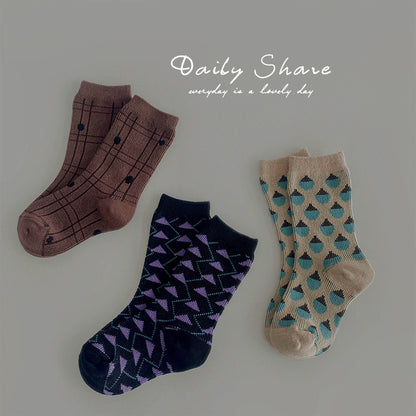 Kids Mid Calf Colorblock Geometric Socks Breathable