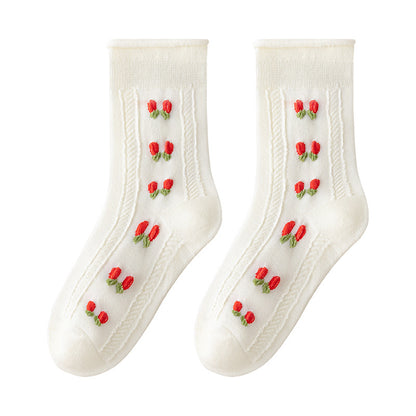 Red Floral Pattern Mid-Calf Cotton Socks for Kids