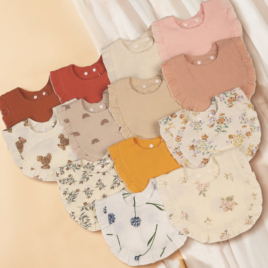 Cotton Baby Bib with Ruffled Edges - Cute Cartoon Design