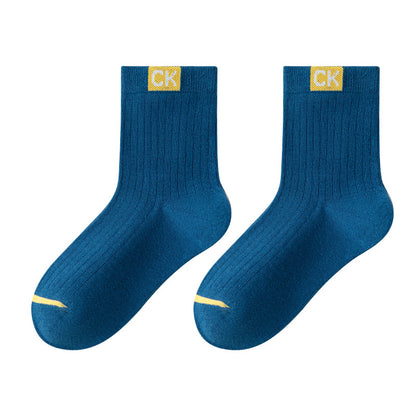 Solid Color Contrast Cotton Mid-Calf Socks for Kids
