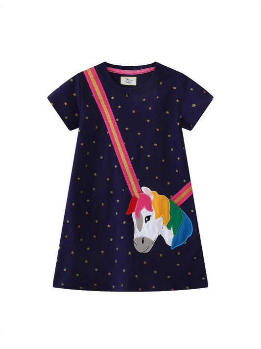 Summer Unicorn Embroidered Dress for Girls